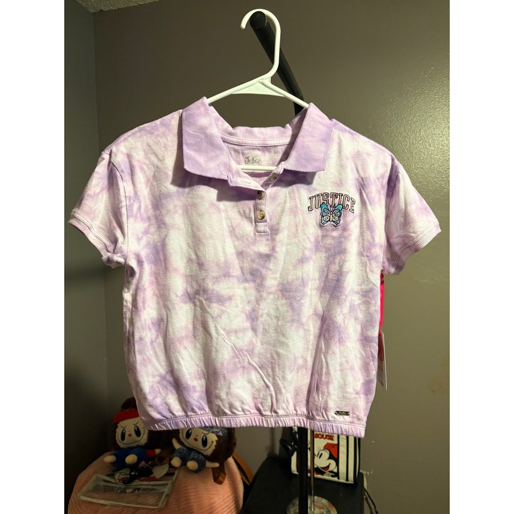 Justice Purple Tie Dye Button Up Polo Sz L YOUTH (12-14)
